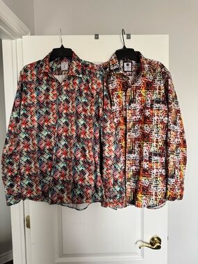 2 Men's Multicolor Abstract Print Button-Down Shirt. 100% cotton. Ptp 22 inches